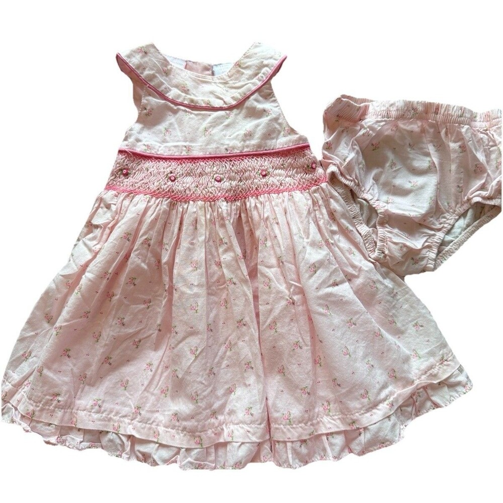 First Impressions Baby Girls Pink Floral Smocked Spring Dress 3/6 Mo W/Bloomers